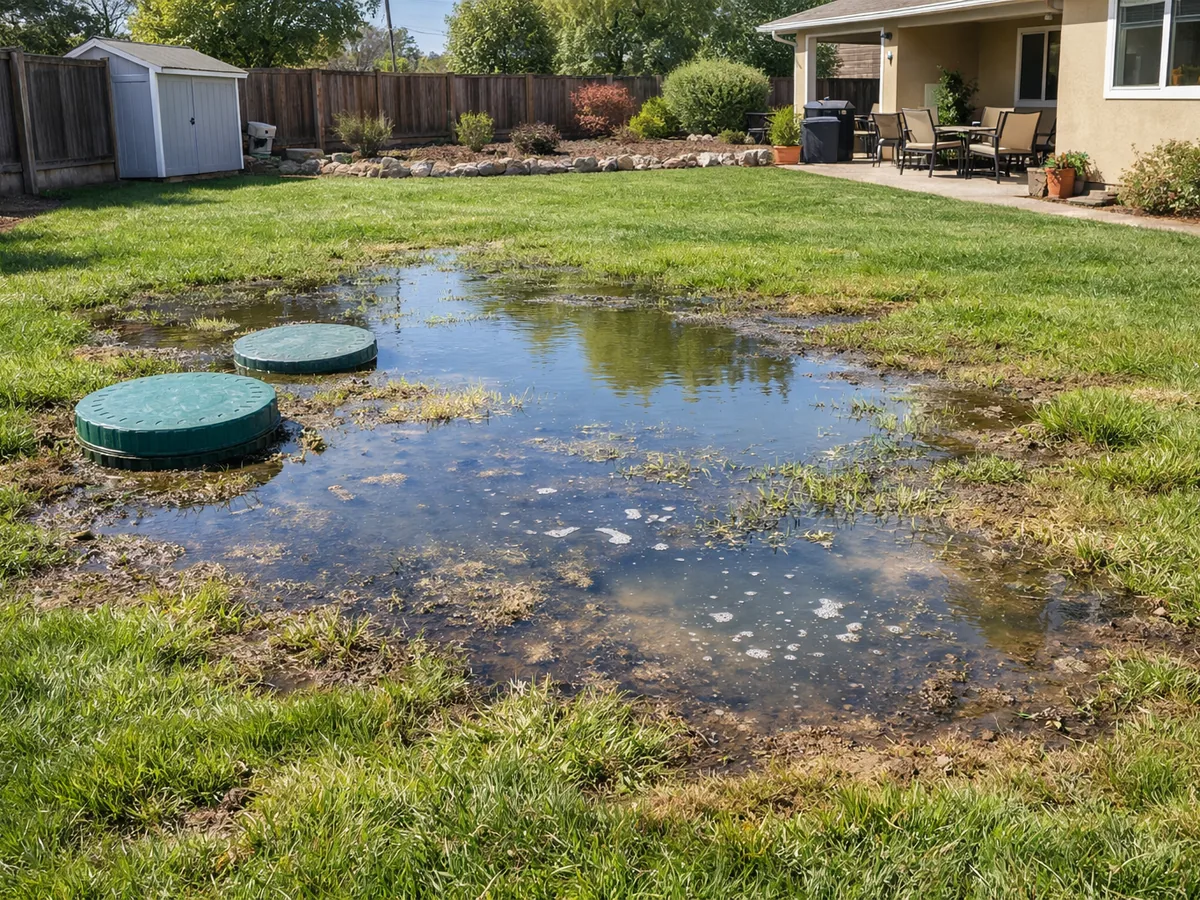 Standing water pooled over a drain field beside green septic lids in a back yard