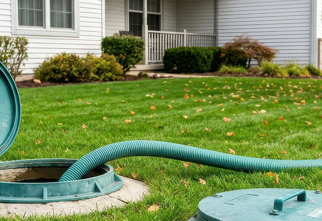 A septic riser opened with the lid propped up and a suction hose in the tank beside a house