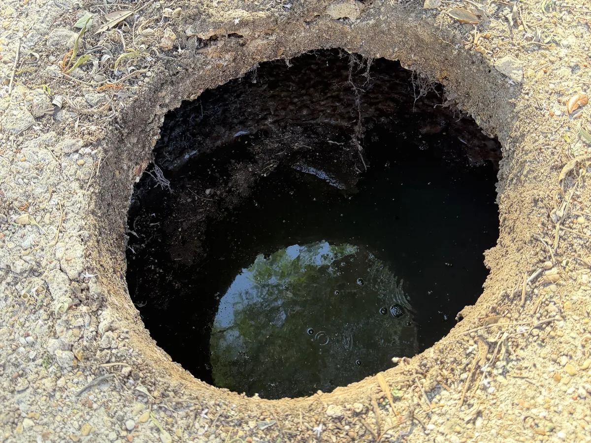 An open septic tank access opening uncovered in the ground
