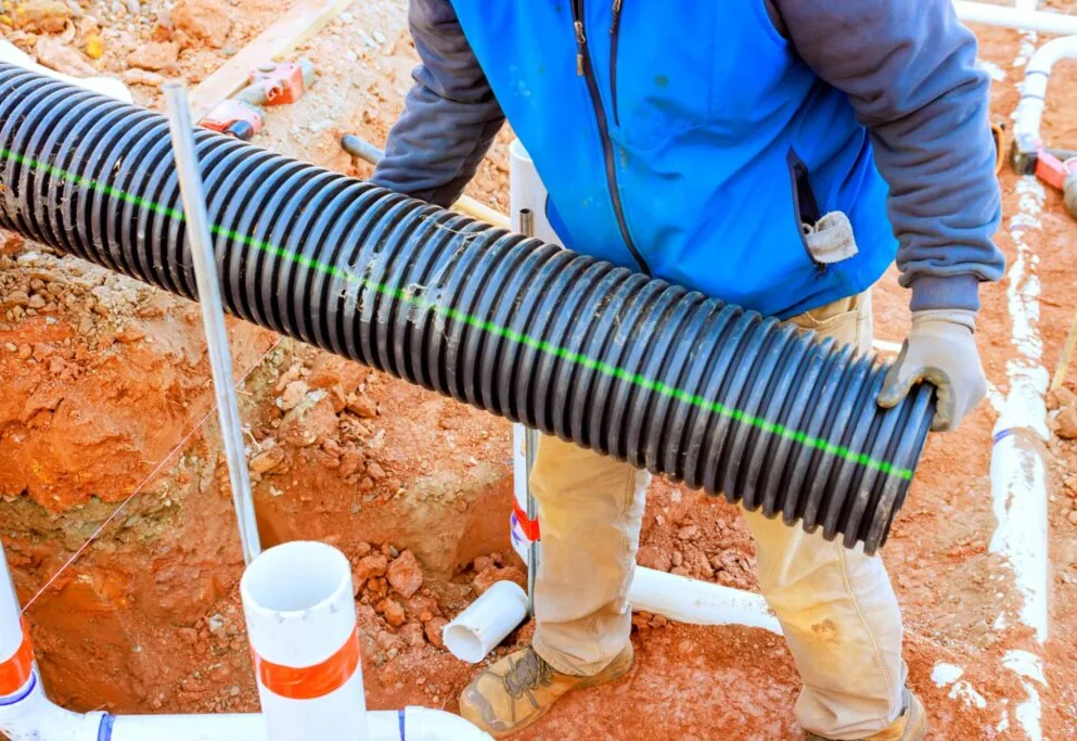 A worker lowering perforated drain field pipe into an open trench